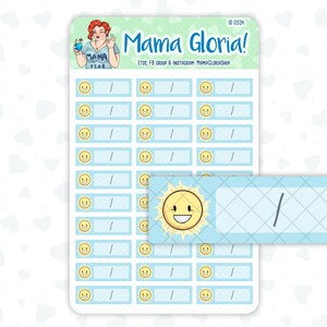 May include: A printable sheet of 12 sun-shaped stickers with a blank space for writing. The stickers are light blue with a yellow sun with a smiling face. The text "Mama Gloria!" is at the top of the sheet.
