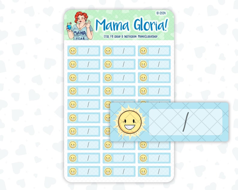May include: A printable sheet of 12 sun-shaped stickers with a blank space for writing. The stickers are light blue with a yellow sun with a smiling face. The text "Mama Gloria!" is at the top of the sheet.