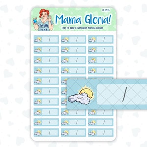 May include: A sheet of 24 blue and white cloud-shaped stickers with a yellow sun. Each sticker has a blank space for writing. The text "Mama Gloria!" is at the top of the sheet. The text "ETSY, FB GROUP & INSTAGRAM: MAMAGLORIASHOP" is below the title.