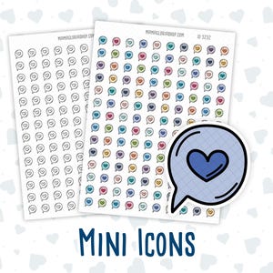 Könnte beinhalten: Zwei Blätter mit Aufklebern mit verschiedenen farbigen Sprechblasen mit Herzen darin. Die Sprechblasen sind schwarz umrandet. Ein Blatt hat schwarz-weiße Sprechblasen mit Herzen. Das andere Blatt hat bunte Sprechblasen mit Herzen. Der Text "MINI ICONS" befindet sich am unteren Rand des Bildes.