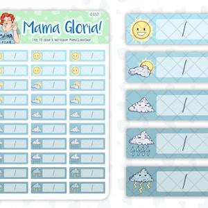 May include: A sheet of printable weather stickers with a variety of weather icons, including a sun, a cloudy sun, a cloudy sky, a cloudy sky with rain, and a cloudy sky with lightning. The stickers are designed to be used in a planner or journal to track the weather.
