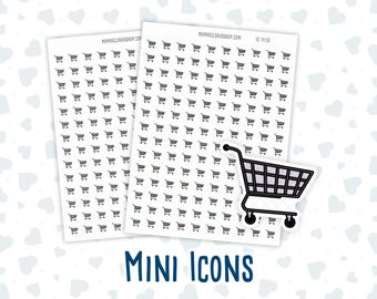 May include: A sheet of stickers with a repeating pattern of small shopping cart icons. The sheet is white with a black border. The shopping cart icons are black and white. The sheet is labeled "Mini Icons".
