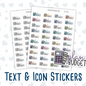 Puede incluir: Dos hojas de pegatinas de planificador coloridas con una calculadora, un bloc de notas y el texto "plan budget". Las pegatinas presentan varios colores y diseños, incluyendo azul, verde, amarillo, naranja y rosa.