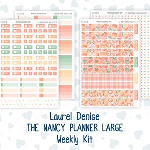 May include: Two sheets of planner stickers featuring peach and frog illustrations, day-of-the-week labels, and date markers. The stickers are labeled KIT 0278 MAMAGLORIASHOP.COM LD NANCY LARGE WEEKLY KIT A and C, with peach-themed patterns and color blocks.