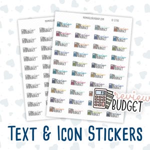 Puede incluir: Dos hojas de pegatinas de presupuesto coloridas con un icono de calculadora y el texto "review budget".