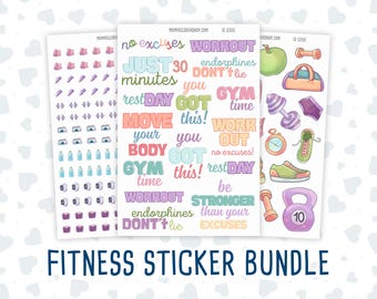 May include: A fitness sticker bundle featuring three sheets with colorful illustrations and text. The stickers include workout-themed phrases like "Workout," "Gym Time," and "Move Your Body." There are also images of dumbbells, water bottles, and sneakers.