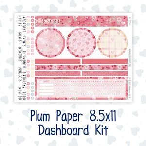 May include: A planner dashboard kit with a pink and red floral theme. The kit includes circular stickers with heart patterns, decorative strips, and a habit tracker. Text includes "February", "Important Goals", and "Dashboard Kit".
