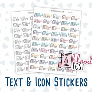 Könnte beinhalten: Ein Blatt mit bunten Aufklebern mit dem Text "blood test" und einem kleinen Symbol für ein Blutteströhrchen. Die Aufkleber sind in einem Raster angeordnet und eignen sich perfekt für Planer, Tagebücher und andere kreative Projekte.
