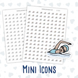 Puede incluir: Dos hojas de pegatinas con pequeños iconos de nadadores en blanco y negro. Las hojas están sobre un fondo blanco con un patrón de corazones azul claro. Una pegatina más grande de un nadador con ropa azul y blanca está en el lado derecho de la imagen. El texto "MINI ICONS" está en la parte inferior de la imagen.