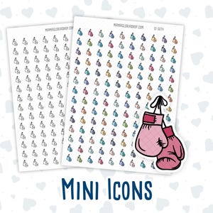 Puede incluir: Dos hojas de pegatinas con pequeños iconos de guantes de boxeo en varios colores. Una hoja tiene iconos en blanco y negro. La otra hoja tiene iconos de colores. Una pegatina más grande de dos guantes de boxeo rosas se muestra debajo de las hojas.