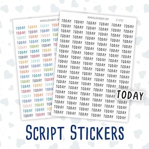 May include: Two sheets of colorful script stickers with the word "TODAY" repeated multiple times on each sheet. The stickers are on a white background with a pattern of gray hearts.