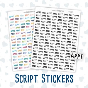 May include: Two sheets of colorful script stickers with the word "APPT" repeated multiple times. The stickers are on a white background with a pattern of light blue hearts.