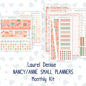 May include: A set of adhesive planner stickers for Laurel Denise Nancy and Anne small planners, featuring peach patterns, a frog character, and the text August, Monthly Reflections, and This Month, with various functional icons and checklists.