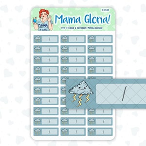 May include: A sheet of 24 blue and white printable planner stickers featuring a cartoon cloud with lightning bolts and the text "Mama Gloria!" Etsy, FB Group & Instagram: MamaGloriaShop. ID 0538.