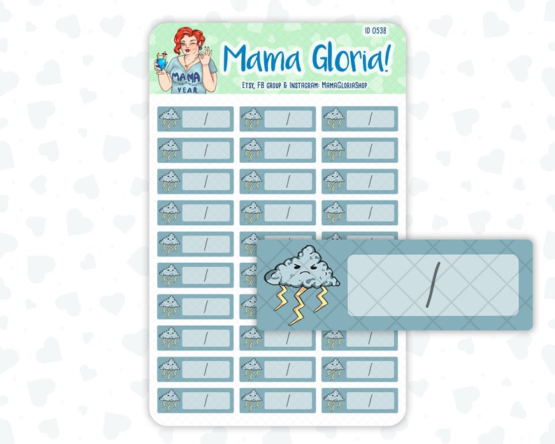 May include: A sheet of 24 blue and white printable planner stickers featuring a cartoon cloud with lightning bolts and the text "Mama Gloria!" Etsy, FB Group & Instagram: MamaGloriaShop. ID 0538.