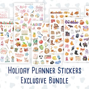 May include: A collection of seasonal planner sticker sheets featuring watercolour illustrations for every month of the year. The designs include holiday-themed icons, festive text, and seasonal motifs like pumpkins, flowers, hearts, and winter elements.