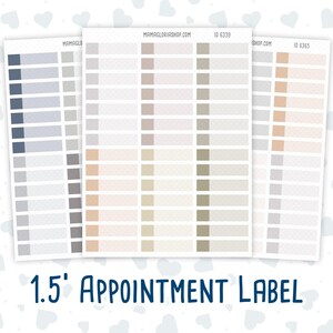 May include: Three sheets of 1.5" appointment labels in neutral colours. Each sheet features a grid of rectangular boxes with colour swatches. The labels are in shades of grey, beige, and muted blue. The text "MAMAGLORIASHOP.COM" and ID numbers are visible.