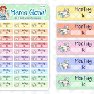 May include: A set of 20 colorful stickers with a cartoon illustration of a meeting. Each sticker has a space to write "Meeting to" and a blank space for the time or topic. The stickers are in a variety of colors, including yellow, orange, pink, purple, blue, and green.