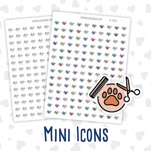 Op de afbeelding: Een vel met kleurrijke mini-stickers met een ontwerp van een poot, schaar en kam. De stickers zijn perfect voor planners, dagboeken en andere knutselprojecten.
