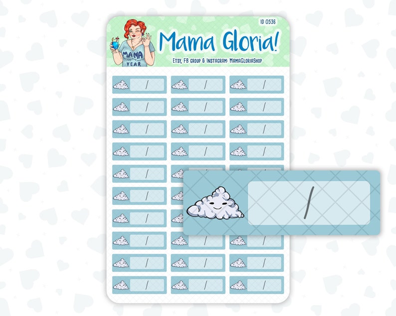 May include: A sheet of printable planner stickers featuring a cartoon cloud with a smiling face. The stickers are designed for use in a planner or journal. The text on the sheet reads "Mama Gloria!" and "ETSY, FB GROUP & INSTAGRAM: MAMAGLORIASHOP".