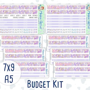 May include: A budget kit with various planner stickers. The stickers are primarily lavender and white, with floral and moon designs. The kit includes trackers for expenses, savings, and weekly check-ins. The text "Budget Kit", "7x9", and "A5" are visible.