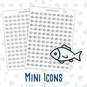 Op de afbeelding: Twee vellen mini-iconen met vissen in verschillende kleuren, waaronder blauw, roze en geel. Rechts is een enkele vissticker geplaatst. De tekst "MINI Icons" staat in het blauw onderaan.
