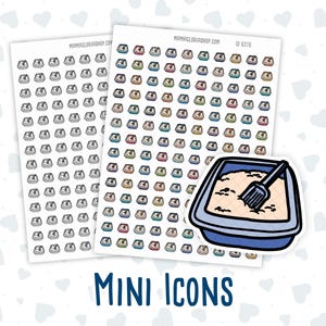 Puede incluir: Dos hojas de pegatinas con un icono de arenero para gatos en varios colores. Una pegatina más grande muestra un arenero azul con arena y una pala. El texto "MINI ICONS" está escrito en azul.