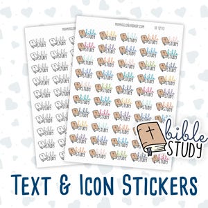 May include: A sheet of stickers with a variety of colorful bible study icons and text. The stickers are arranged in rows and columns on a white background. The text on the stickers reads "bible study".