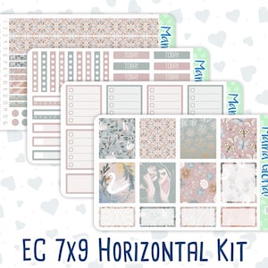 May include: A set of printable planner stickers with a neutral color palette. The stickers feature a variety of designs, including floral patterns, geometric shapes, and a swan. The stickers are labeled "Man" and "Mama Gloria!" and are designed for a 7x9 horizontal planner.