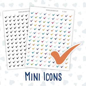 May include: Two rectangular sticker sheets featuring rows of small checkmark icons. One sheet contains black checkmarks, while the other displays multicolored checkmarks. A single, larger orange checkmark sticker with a grid pattern is placed on top.