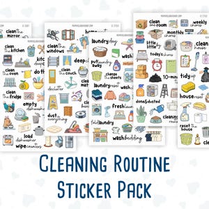 May include: A collection of sticker sheets featuring colourful illustrations of household cleaning supplies, chores, and tasks. Each sticker is accompanied by handwritten-style text labels such as clean the kitchen, laundry day, and weekly clean.