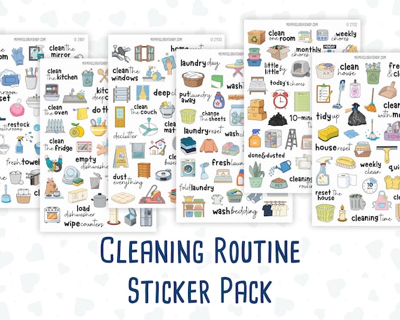 Cleaning Routine Planner Stickers, Chore & Housework Stickers, Laundry, Kitchen, Bathroom, Deep Cleaning, 6 Sheet Bundle