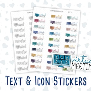 Puede incluir: Dos hojas de pegatinas con una variedad de diseños para reuniones virtuales. Las pegatinas presentan el texto "virtual meeting" en diferentes colores y fuentes, así como un icono de una pantalla de ordenador con varias casillas de vídeo. El texto "virtual meeting" también se muestra en un tamaño más grande en la parte inferior de la imagen.