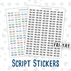 Puede incluir: Una hoja de pegatinas de escritura de colores con el texto "FRI-YAY" repetido varias veces. Las pegatinas están dispuestas en filas y columnas sobre un fondo blanco con un patrón de corazones azul claro.