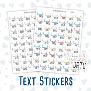 Może przedstawiać: Arkusz kolorowych naklejek z tekstem "lunch date" powtórzonym wiele razy. Naklejki są przeznaczone do użytku w planerze lub dzienniku.