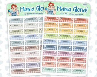 Puede incluir: Un conjunto de 24 pegatinas de seguimiento del estado de ánimo de colores con una ilustración de dibujos animados de una mujer sosteniendo una copa de cóctel. Cada pegatina tiene un espacio rectangular para escribir "estado de ánimo" y una fila de 7 círculos para hacer un seguimiento del estado de ánimo.