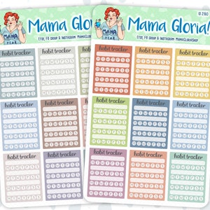 Puede incluir: Una hoja de pegatinas de seguimiento de hábitos de colores con el texto "Mama Gloria!" y "Mama Gloria! Etsy, FB Group & Instagram: MamaGloriaShop". Cada pegatina tiene una cuadrícula con los días de la semana etiquetados "L, Ma, Mi, J, V, S, D" y un espacio para escribir un hábito a seguir.