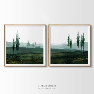 Two Piece Panoramic Blue Green Mountain Valley Watercolour Art Print. Misty Hilltop Trees Watercolor Landscape Painting. Large Panorama Art