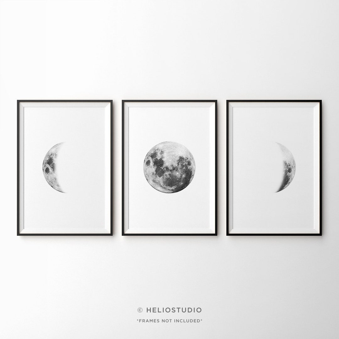 Set of Three Black and White Lunar Phases Prints. Set of 3 Moon Phase ...