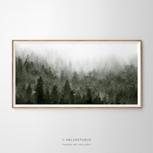 Misty Forest Art Print,Misty Mountain Forest Large Wall Art,Green Pine Forest Wall Art,Panoramic Wall Art,Rustic Decor,Oversized Wall Art