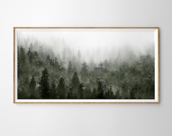 Misty Forest wall art,Misty Mountain Forest Large Wall Art,Green Pine Forest Wall Art,Panoramic Wall Art,Rustic Decor,Oversized Wall Art