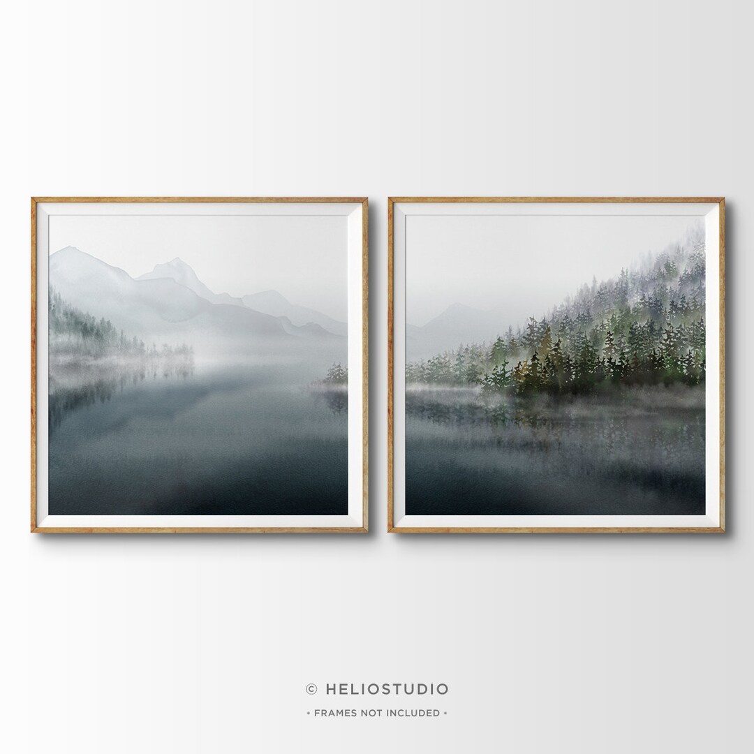 Misty Lake Watercolor Print Set: Forest Mountain Panorama Wall Art - Etsy