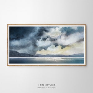 Abstract Panoramic Coastal Landscape Watercolor Print. Coastline Cloudscape Watercolour Painting Wall Art. Stormy Ocean Panoramic Art Print