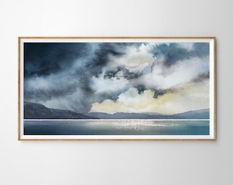 Abstract Panoramic Coastal Landscape Watercolor Print. Coastline Cloudscape Watercolour Painting Wall Art. Stormy Ocean Panoramic Art Print