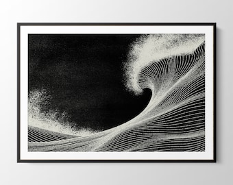 Black and Cream Ocean Wave wall art: Retro Woodcut Coastal Illustration