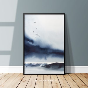 Stormy Beach Watercolour Art Print. Blue Black Watercolor of Cloudy Overcast Coastal Scene with Flock of Sea Birds Wall Art