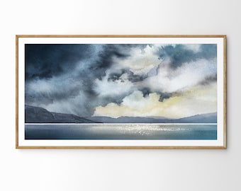 Abstract Panoramic Coastal Landscape Watercolor Print. Coastline Cloudscape Watercolour Painting Wall Art. Stormy Ocean Panoramic wall art