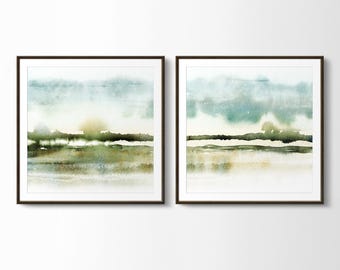 Set Of Two Blue Green Abstract Savannah Landscape wall arts. 2 Piece Extra Large Panoramic Wall Art. Oversize MidWest Plains Art Prints
