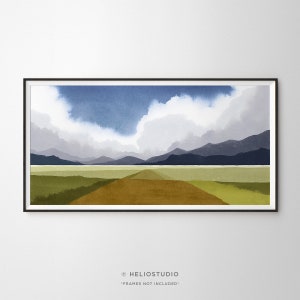 Panoramic Big Sky Landscape Watercolour Print. Prairie Grasslands, Purple Mountain, Blue Sky, Puffy Clouds. Extra Large Panorama Print