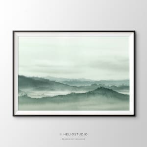 Green Landscape Art Print,sage Green Misty Mountain Wall Art,extra ...